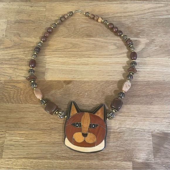 Vintage Lee Sands Inlaid Wood Mosaic Cat Necklace and Earring Set - Picture 2 of 9